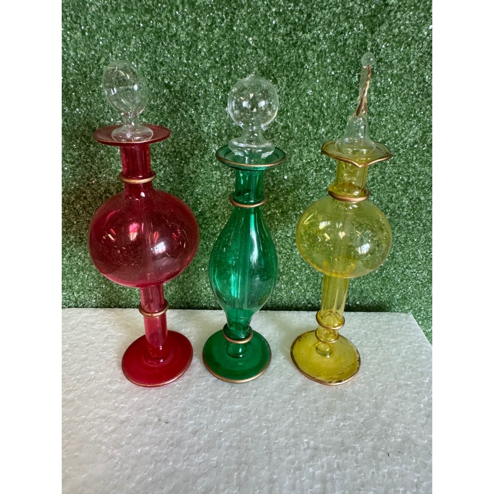 Vintage Egyptian Style Hand Blown Glass Perfume Bottles Set of 3 Gold Trim 6"